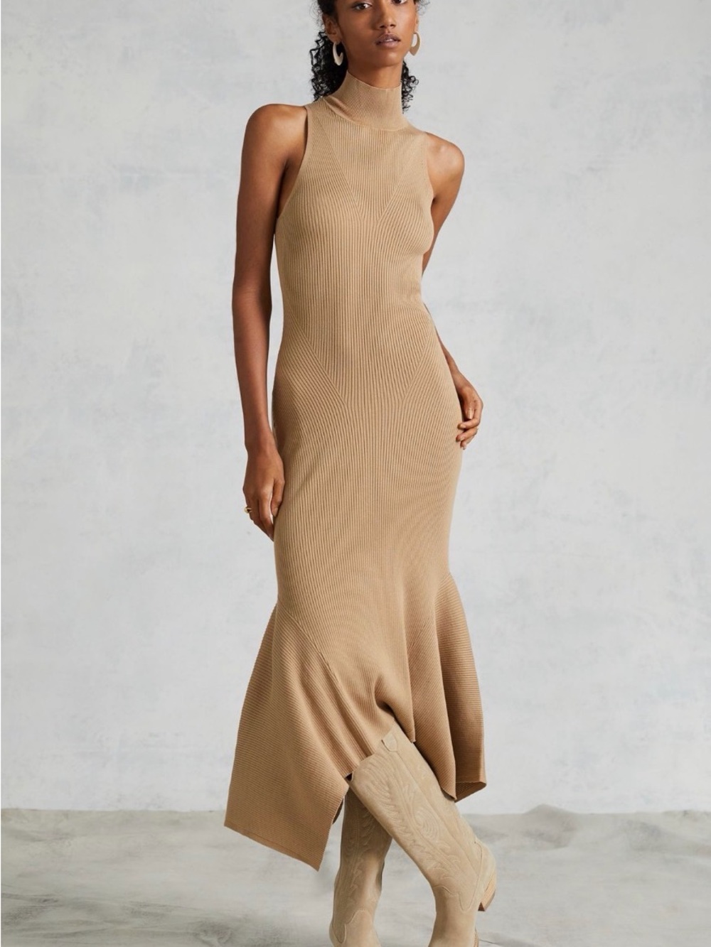 Anthropologie Sleeveless Mock Neck Ribbed Knit Midi Dress in Camel Size XL